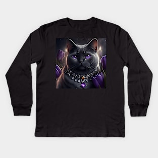 Black British Shorthair Cat With Tulips Kids Long Sleeve T-Shirt